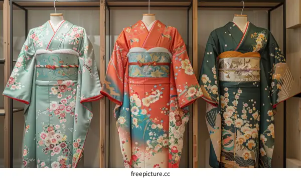 Three traditional Japanese kimono with floral patterns displayed in a store