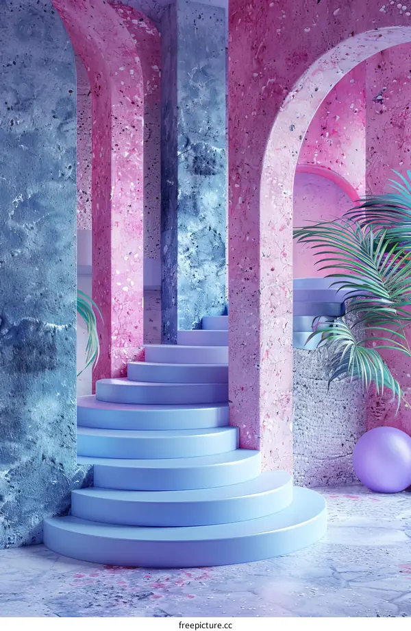 Blue and pink pastel surreal minimal 3d render staircase