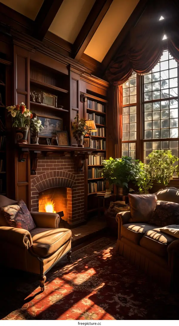 A cozy living room with a fireplace and a large window