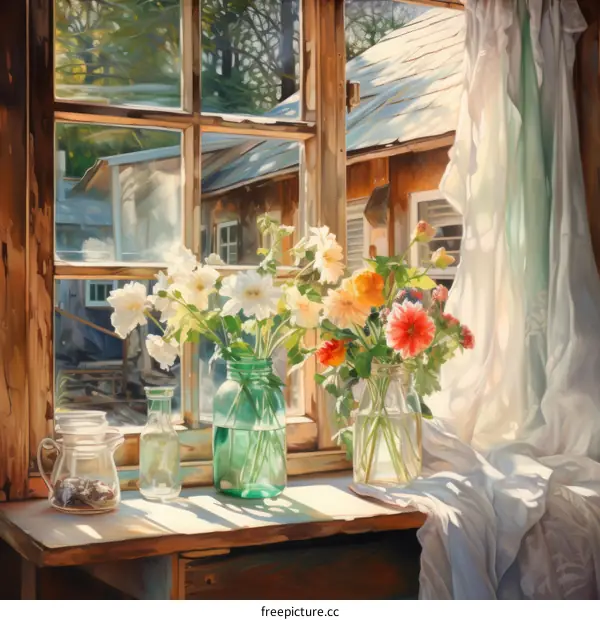 Still life with flowers by the window