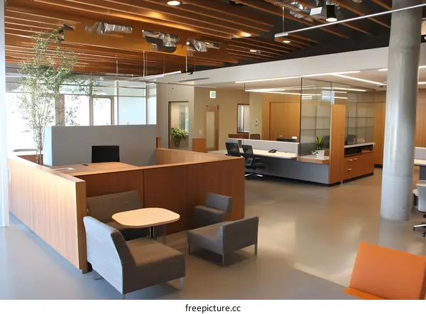 Modern Office Interior Design With Wooden Walls And Grey Chairs