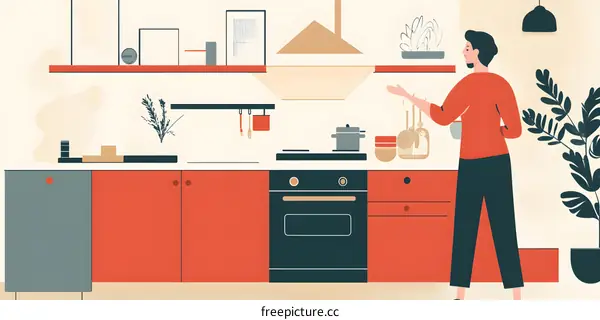 Woman Standing in a Modern Kitchen Cooking