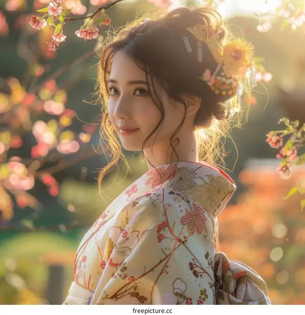 Portrait of a beautiful Japanese woman in traditional kimono