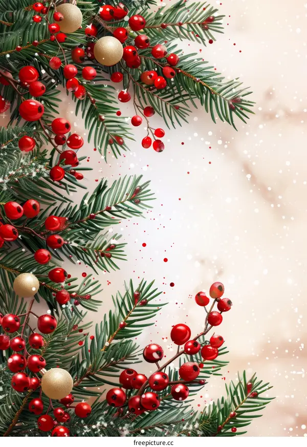 Christmas Holly Berries and Pine Branches Background