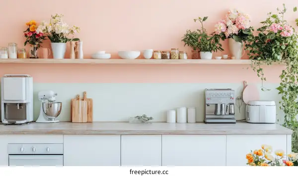 Modern Kitchen Design with Pastel Colors and Fresh Flowers