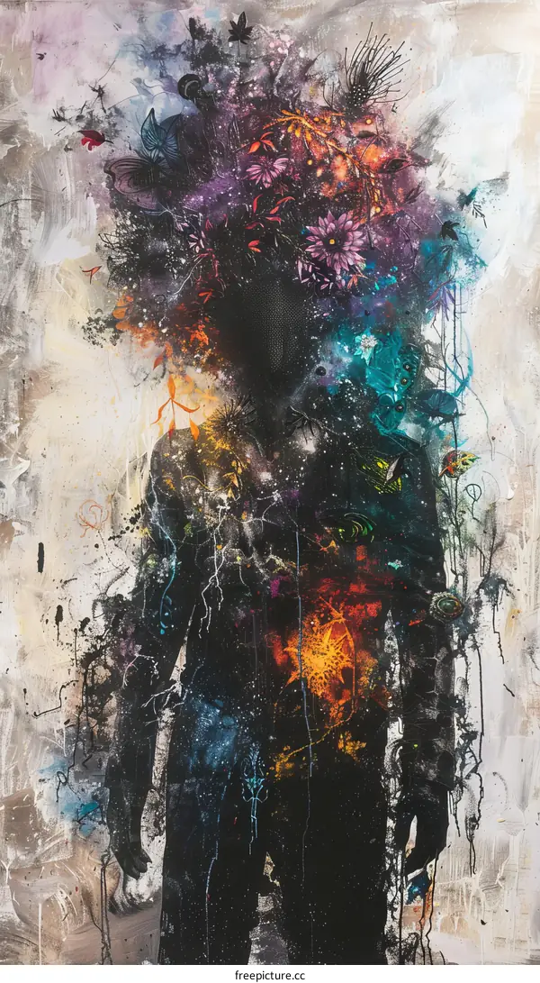 A dark figure with a head full of flowers and butterflies