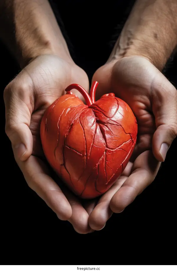 A 3D printed model of a human heart is held in a person's hands