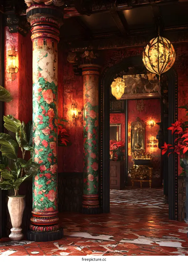 Intricate Interior Design with Ornate Columns and Floral Patterns
