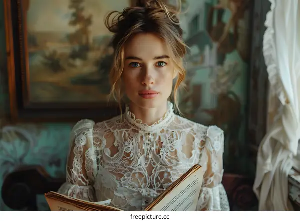 Portrait of a young woman in a white dress