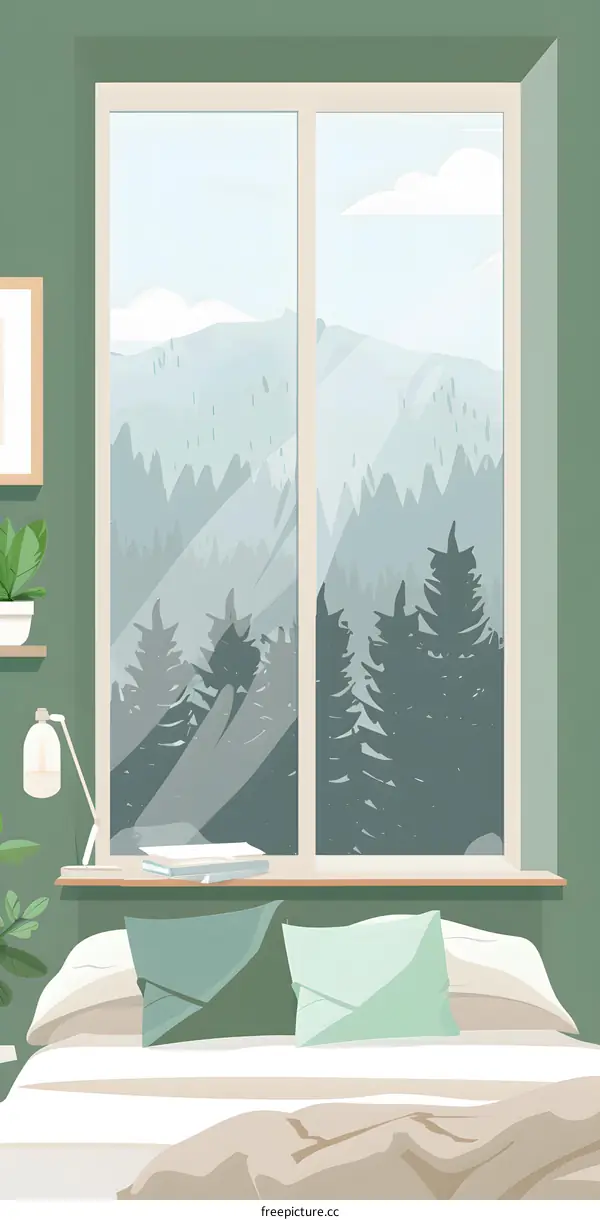 Green Wall Bedroom with Window View of Mountains