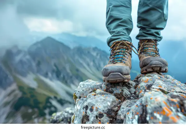 Close up of a man's feet in hiking boots standing on a rock with a mountainous landscape in the background