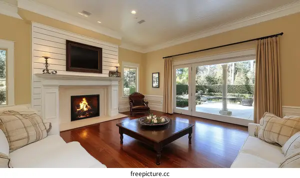 Luxury Living Room with Fireplace and Patio Views