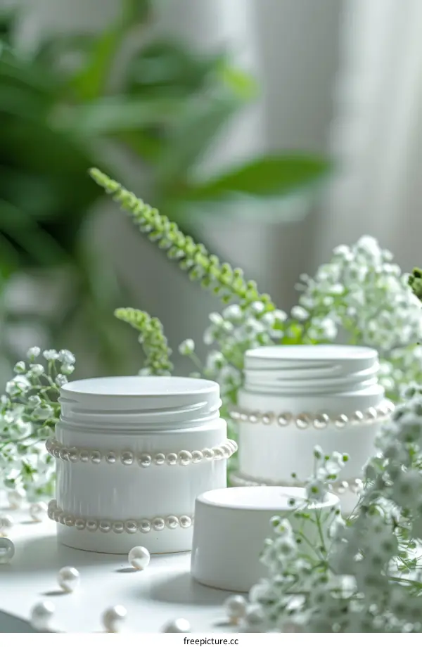 Three white cosmetic jars with pearls and white flowers