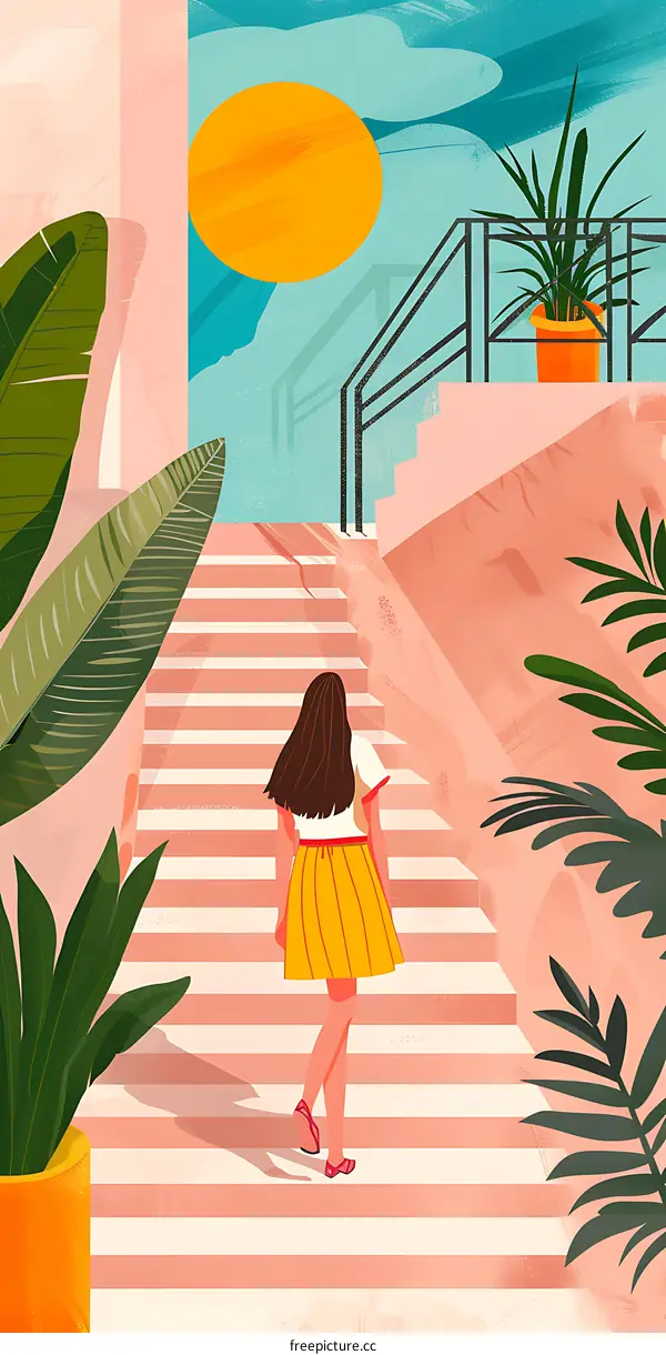 Woman Walking Up Stairs With Plants And Yellow Sun Illustration