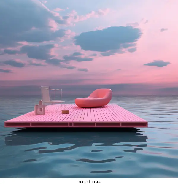 Pink platform floating on water with lounge chair and wire chair