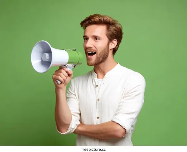 Man with megaphone against solid green background