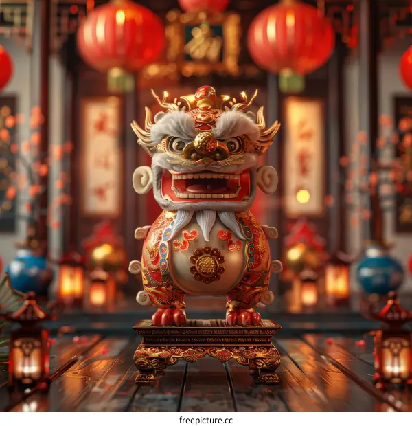 Stunning 3D Rendering of a Chinese Guardian Lion with Red Lanterns
