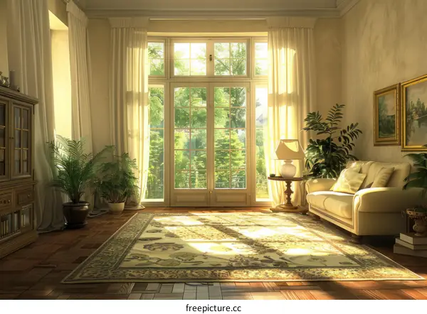 Bright and Spacious Living Room with White Sofa and Greenery