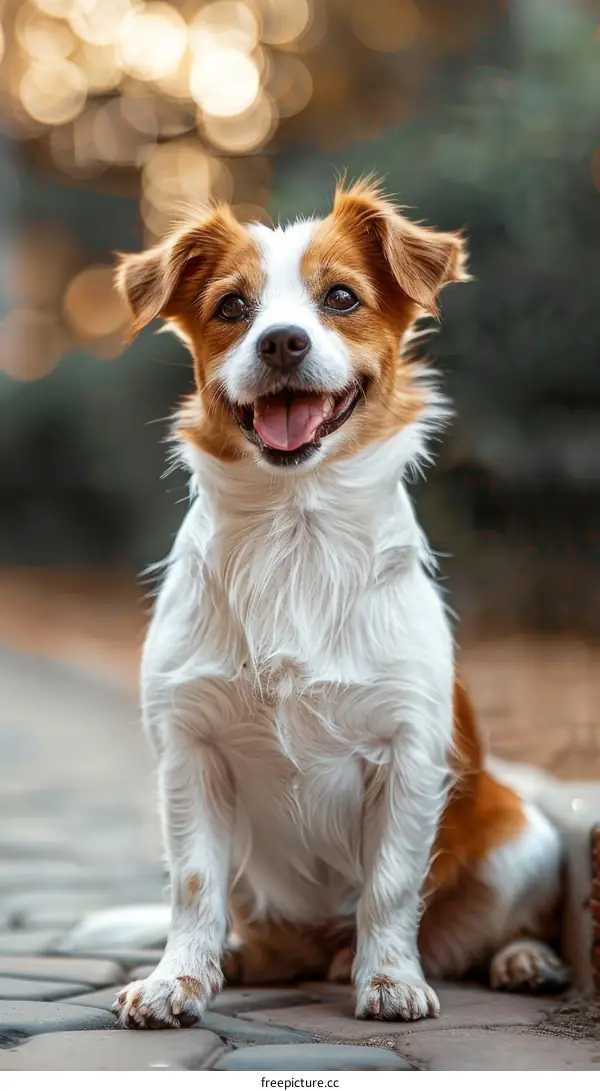 A happy dog is sitting on the ground and looking at the camera