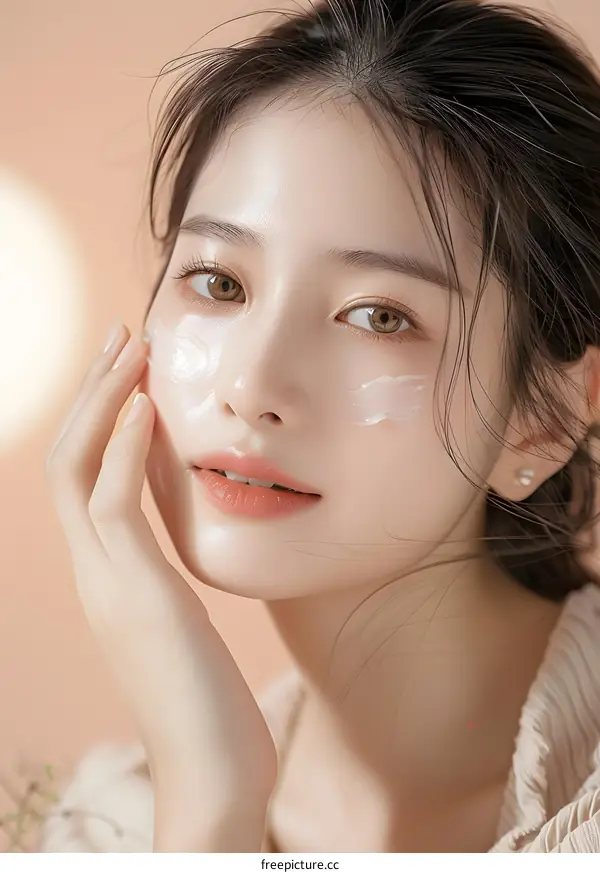 Beautiful Asian Woman with Perfect Skin Applying Cream