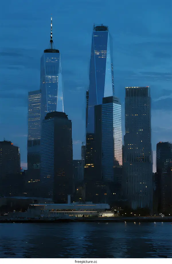 Tall Modern Skyscrapers Lit at Dusk by Waterfront