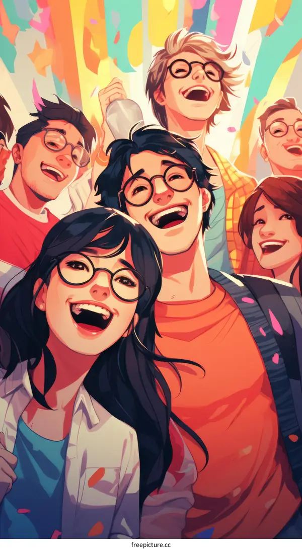 Illustration of a group of happy young people celebrating