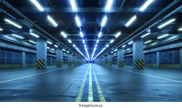 Empty Underground Parking Garage With Bright Neon Lights