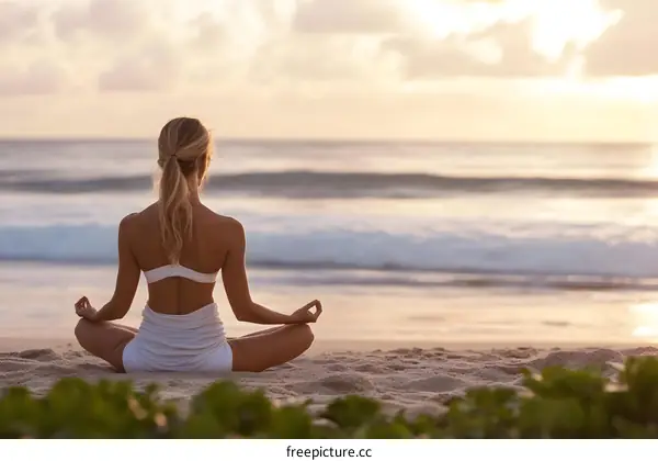 Woman Practicing Yoga on the Beach at Sunset