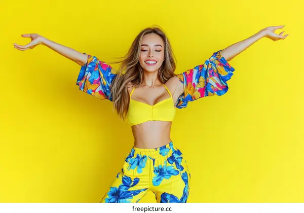 Young Woman in Stylish Floral Summer Outfit