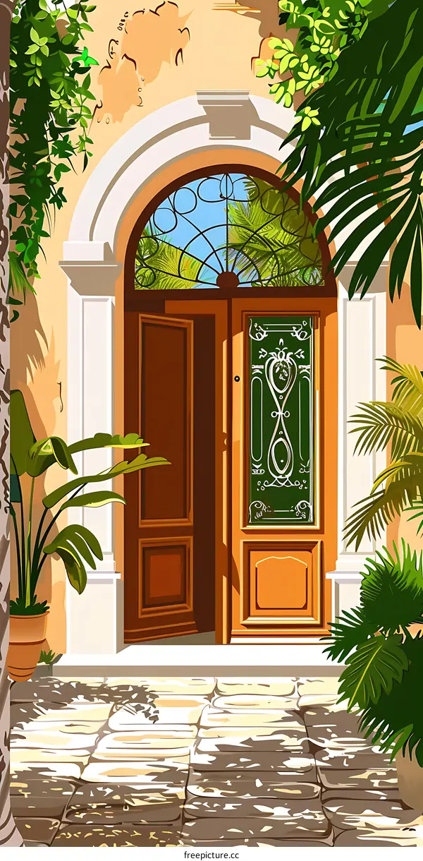 Open Wooden Door With Ornate Glass Panels And Palm Trees