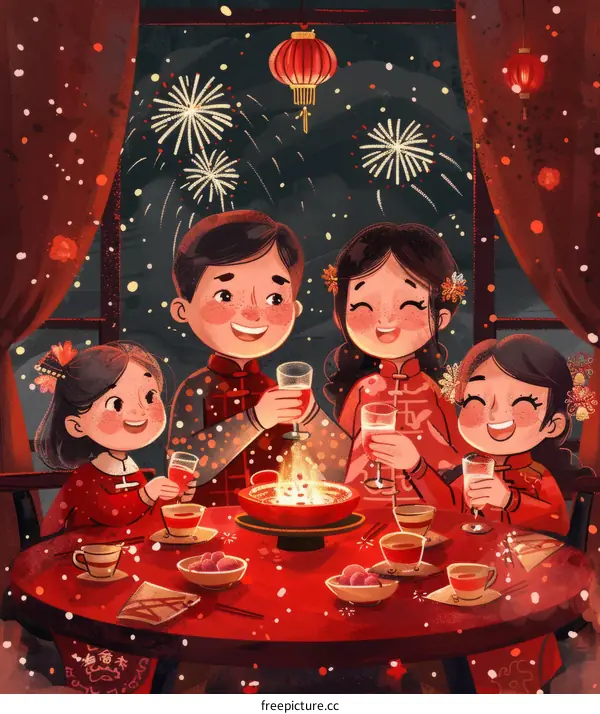 Chinese New Year Family Celebration with Fireworks and Lanterns