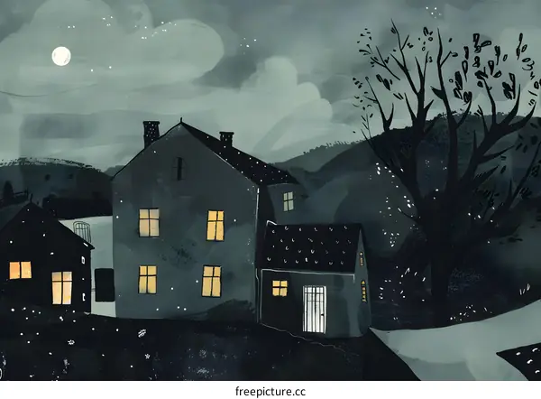 Nighttime Village Illustration with Houses and a Tree