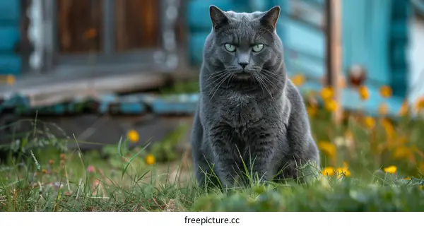 A gray cat is sitting in the grass in front of a house