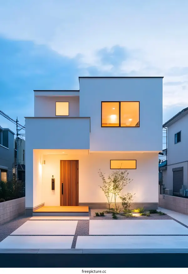 Modern White House with Wooden Door and Front Yard