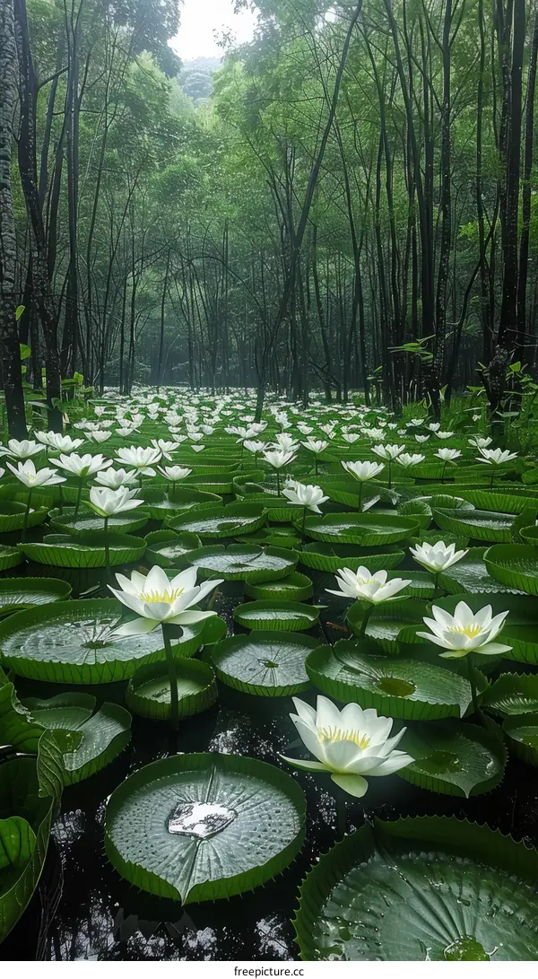 A lush green forest with a river of giant white water lilies