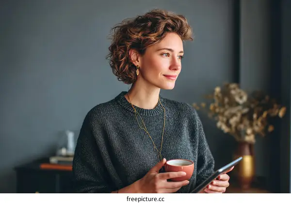 Woman Relaxing with Coffee and Tablet