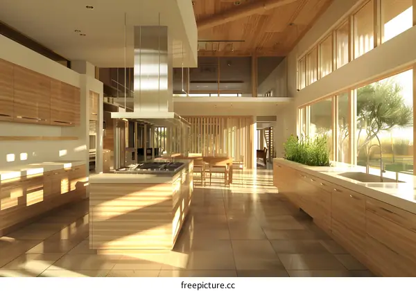 Modern Kitchen Design With Wooden Cabinets And Large Windows