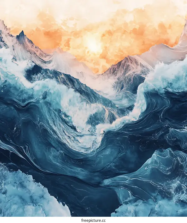 Abstract Watercolor Painting of Mountains and Ocean Waves