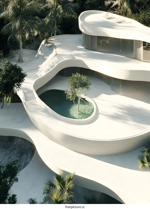 Modern Architectural Design of Curved Concrete House with Swimming Pool
