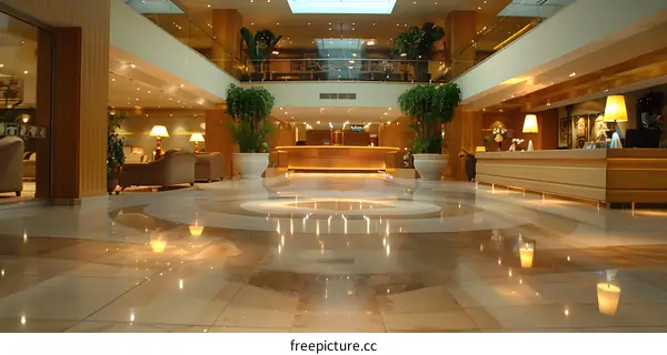 Hotel lobby interior with marble floor and potted plants
