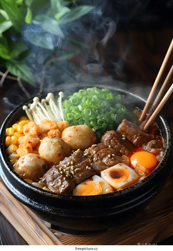 A delicious bowl of ramen with beef, meatballs, corn, and mushrooms