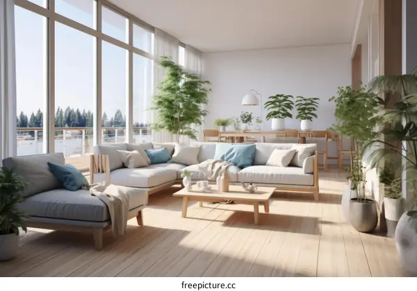 A bright and airy living room with a large windows and lots of plants