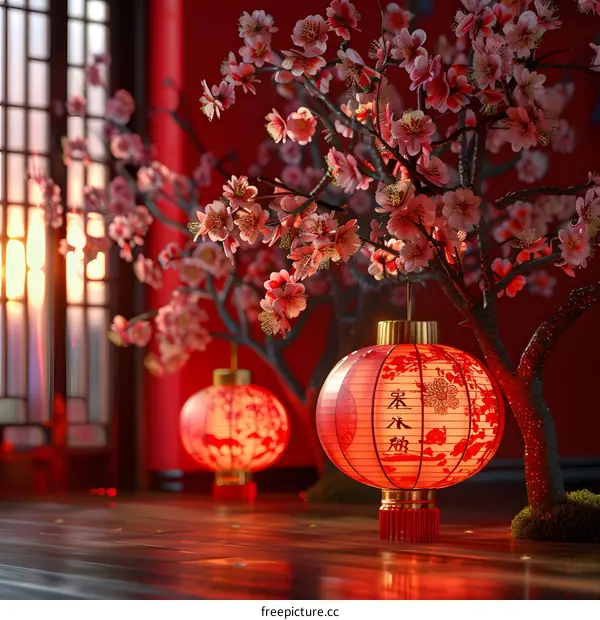 Red lanterns and cherry blossom tree