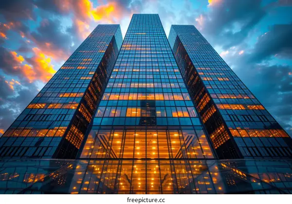 Three skyscrapers made of glass with the evening sky in the background