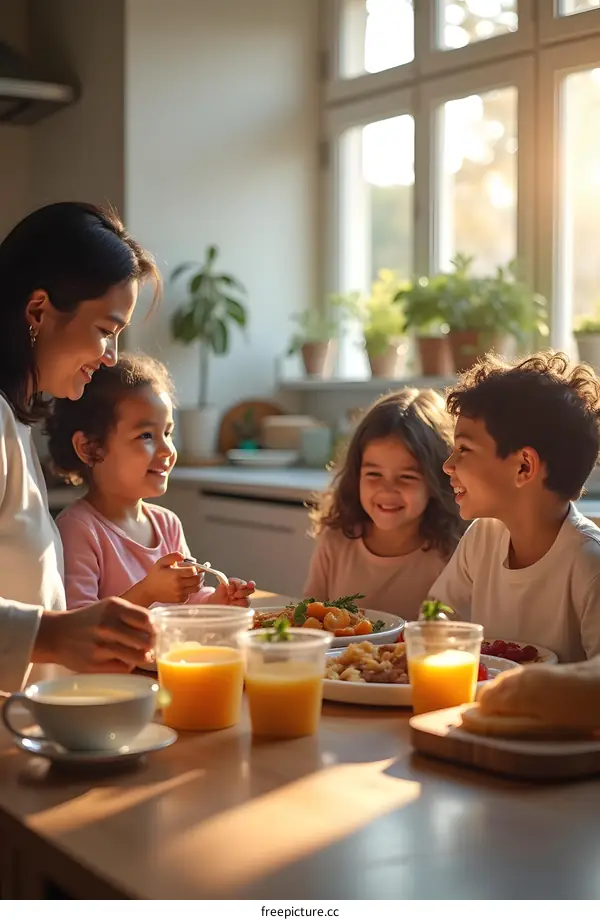 Happy Family Enjoying Breakfast Together in Kitchen