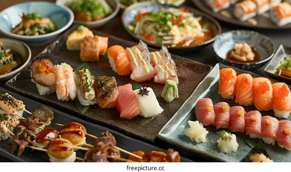 A variety of sushi and sashimi on a plate