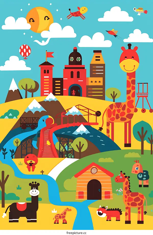 Colorful Cartoon Illustration With Giraffes And A Town In The Background