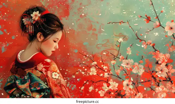 An Asian woman in a red kimono with cherry blossoms