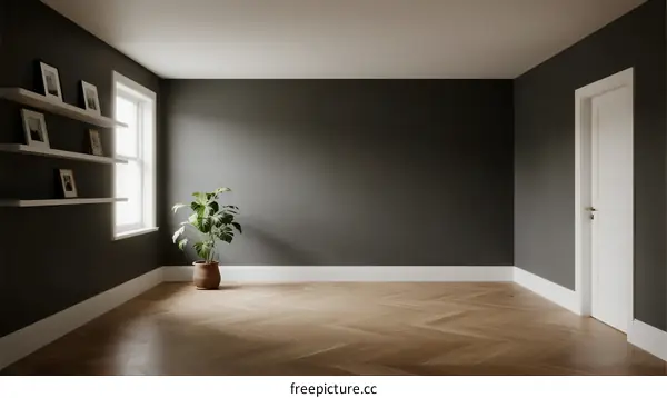 Modern empty room with dark walls and wooden floor