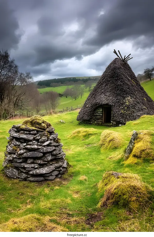 Stone Hut with Thatched Roof in a Green Field under a Cloudy Sky
